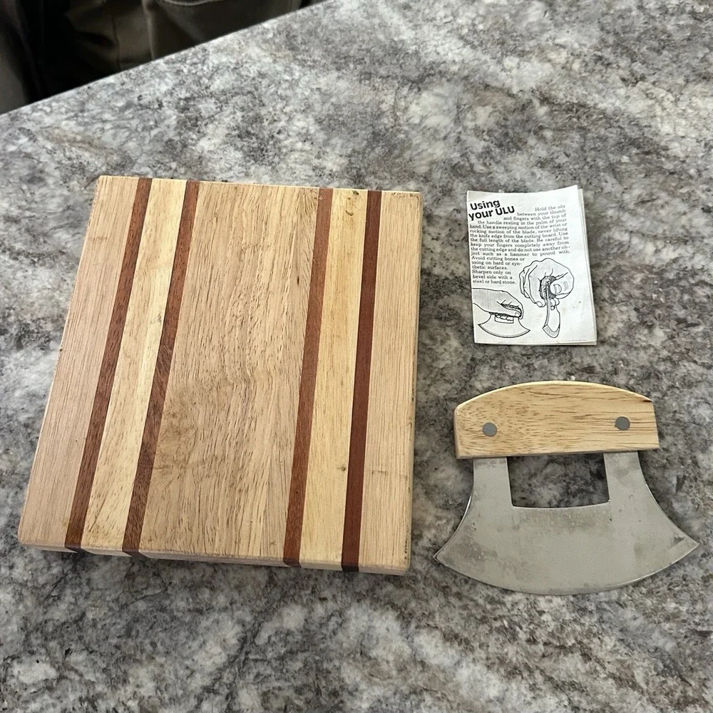 Denali National Park Wood Cutting Board Set Mezzaluna Ulu Bowl & Half Moon Knife
